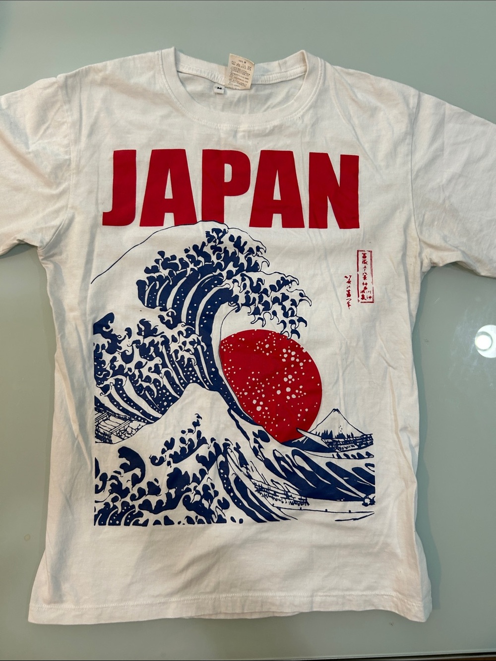Japan Wave silkscreen Graphic Tee - White with Red & Navy unisex